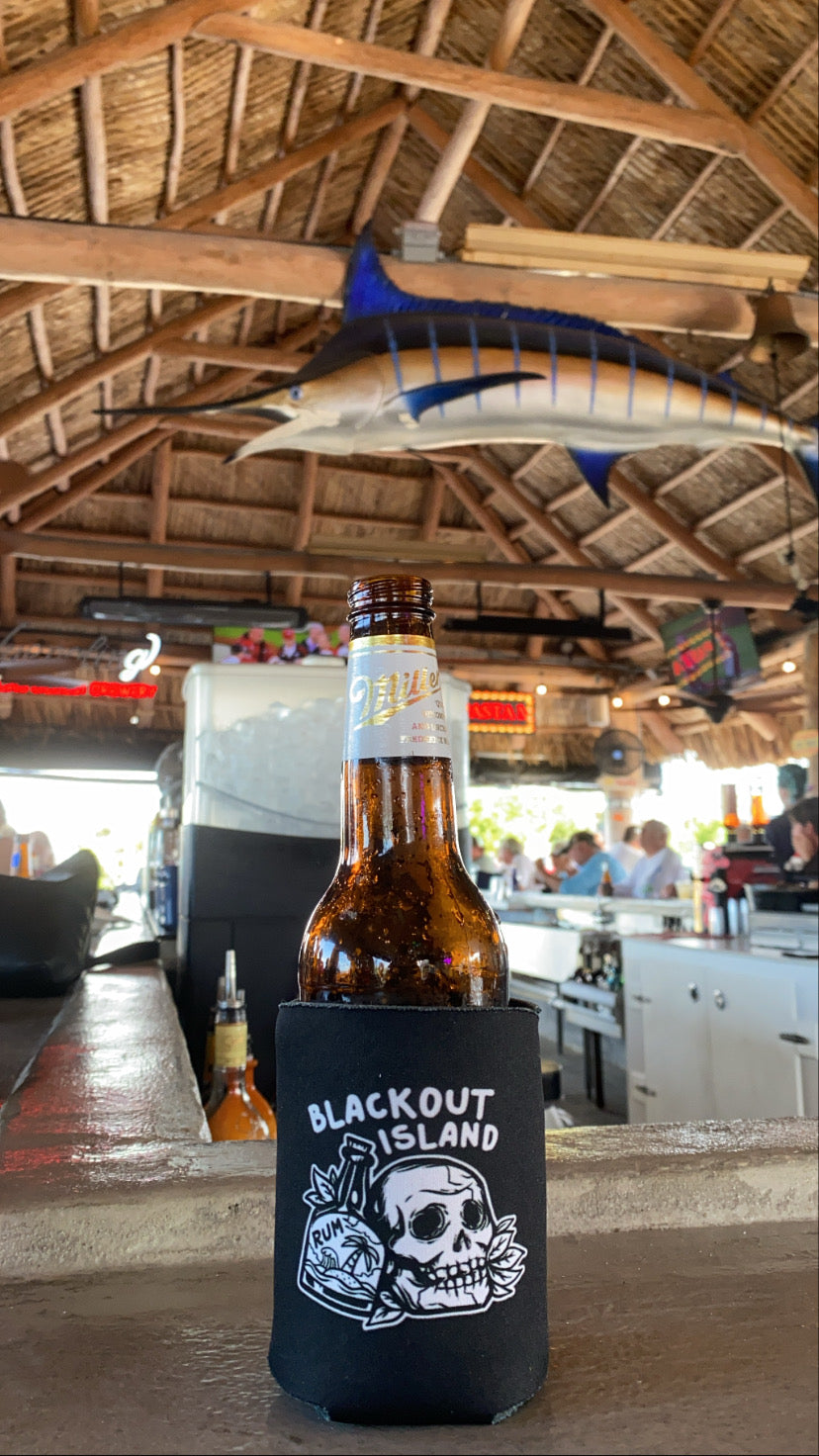 Blackout Island Skull and Bottle Logo BlackDrinking Can Cooler Koozie