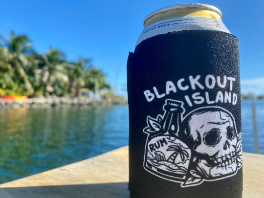 Blackout Island Skull and Bottle Logo BlackDrinking Can Cooler Koozie