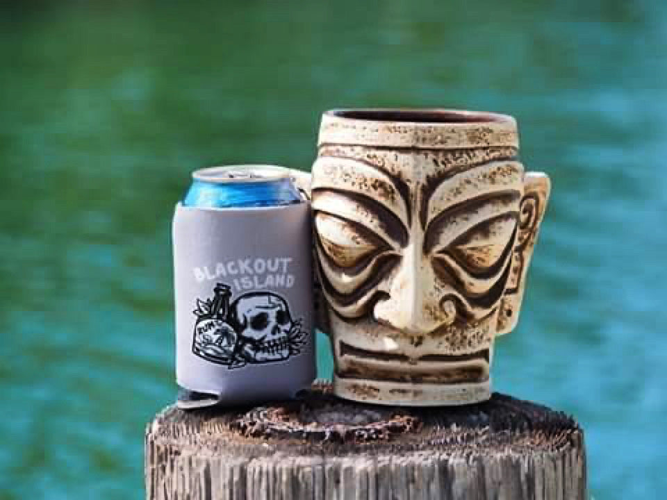 Blackout Island Skull and Bottle Logo Grey Drinking Can Cooler Koozie